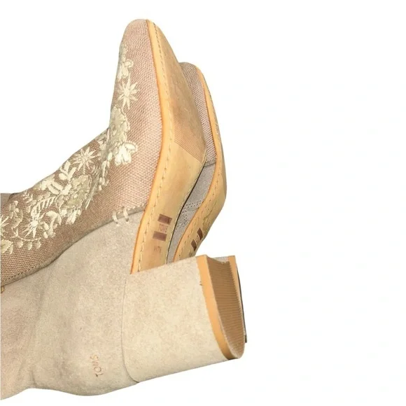 Toms Evie Floral Embroidered Suede Canvas Block Heel Boot Taupe Women's Size 7.5 - Picture 7 of 13